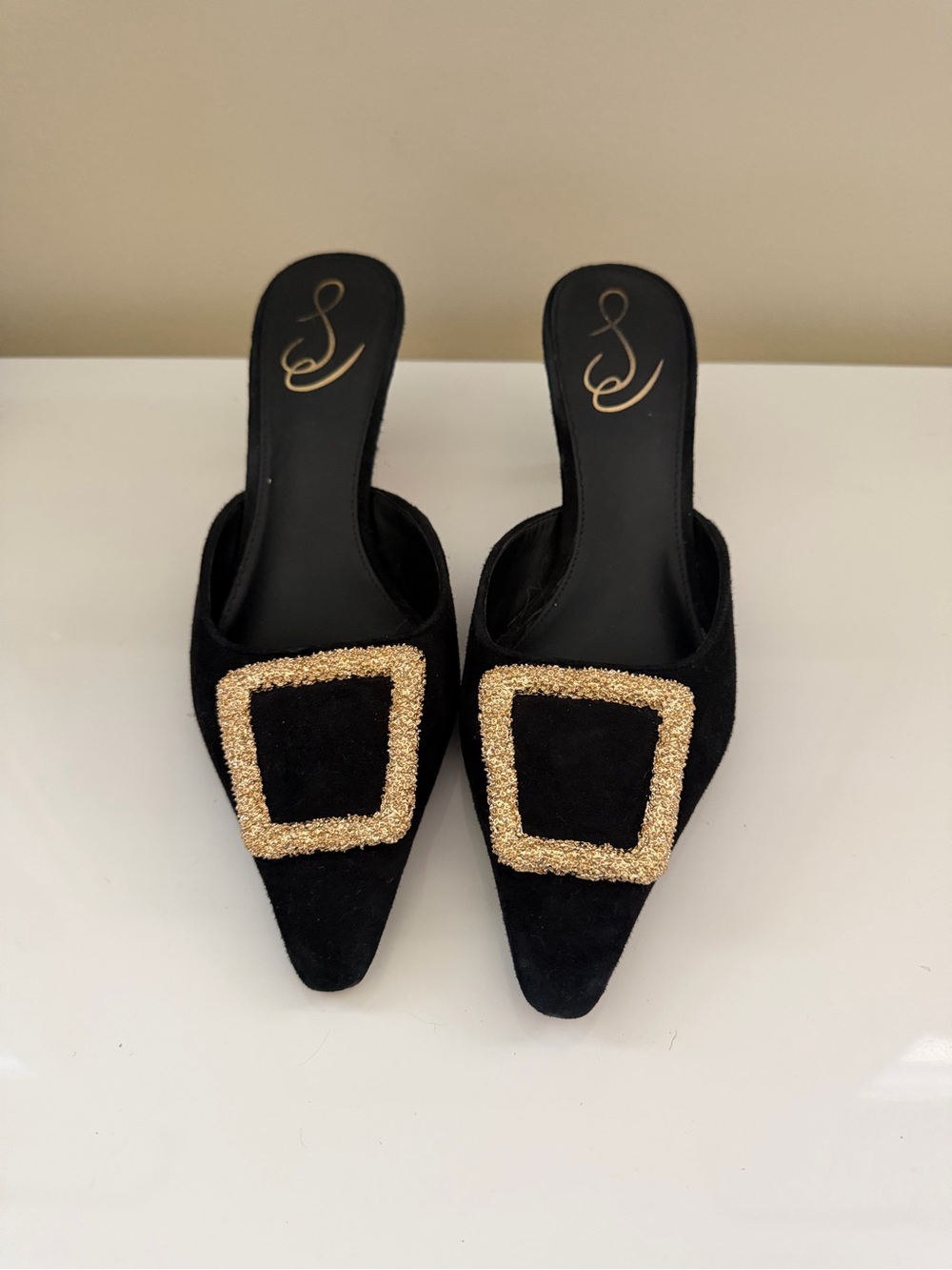 Sam Edelman Black Suede Pointed Mule with Gold Square Trim